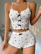 Sexy Sleepwear Women Pajamas Set Heart Print Silk Stain V-Neck Sleeveless Casual Cami Top and Shorts Sets Home Suit Loungewear - Matrix-studios.com
