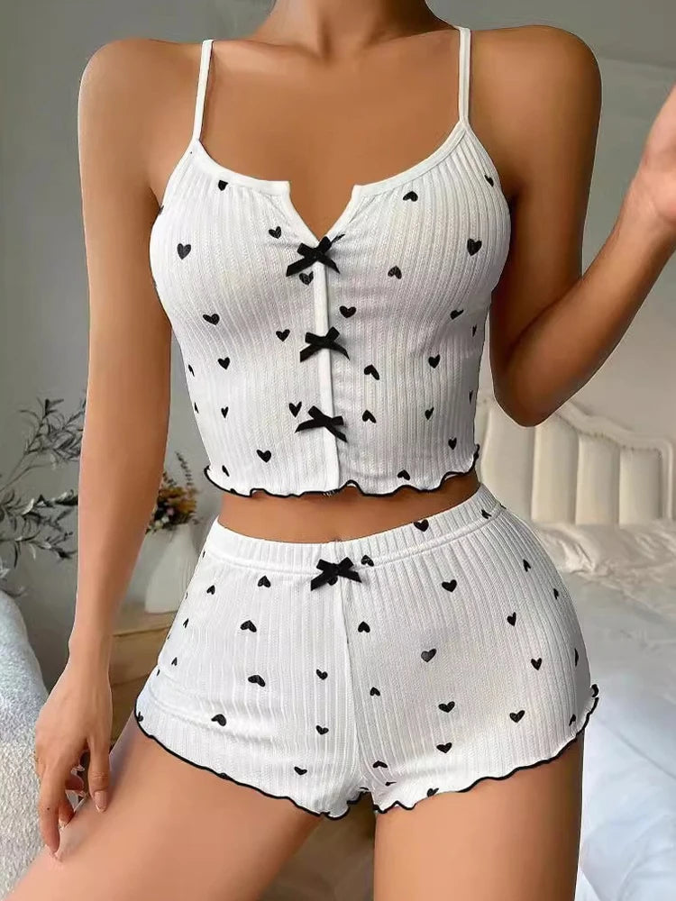 Sexy Sleepwear Women Pajamas Set Heart Print Silk Stain V-Neck Sleeveless Casual Cami Top and Shorts Sets Home Suit Loungewear - Matrix-studios.com