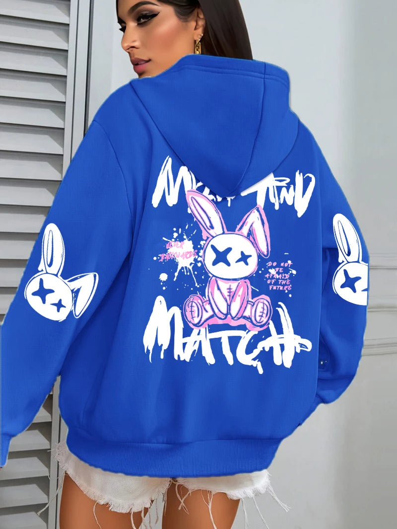 Mix And Match Cartoon Rabbit Prints Women Hoodie Pocket Streetwear Harajuku Loose Hoody All-Match Fleece Female Clothing - Matrix Studios