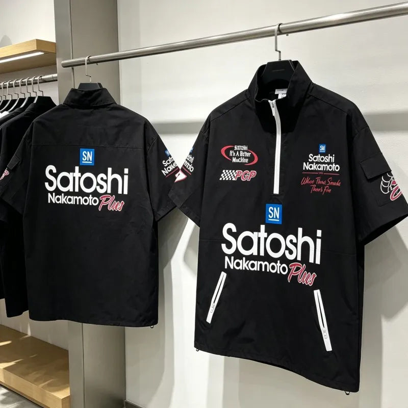 New Satoshi Tshirts Hip Hop Street Workwear Pocket Half Zip Lapel Casual Breathable Short Sleeved Shirts Men Women Summer Outfit - Matrix-studios.com