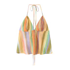 HH Fashion 2026 Women's Colorful Striped Two-Piece Set Summer Halter Neck Crop Top+Wide Leg Pants Resort Beach Outfit - Matrix-studios.com