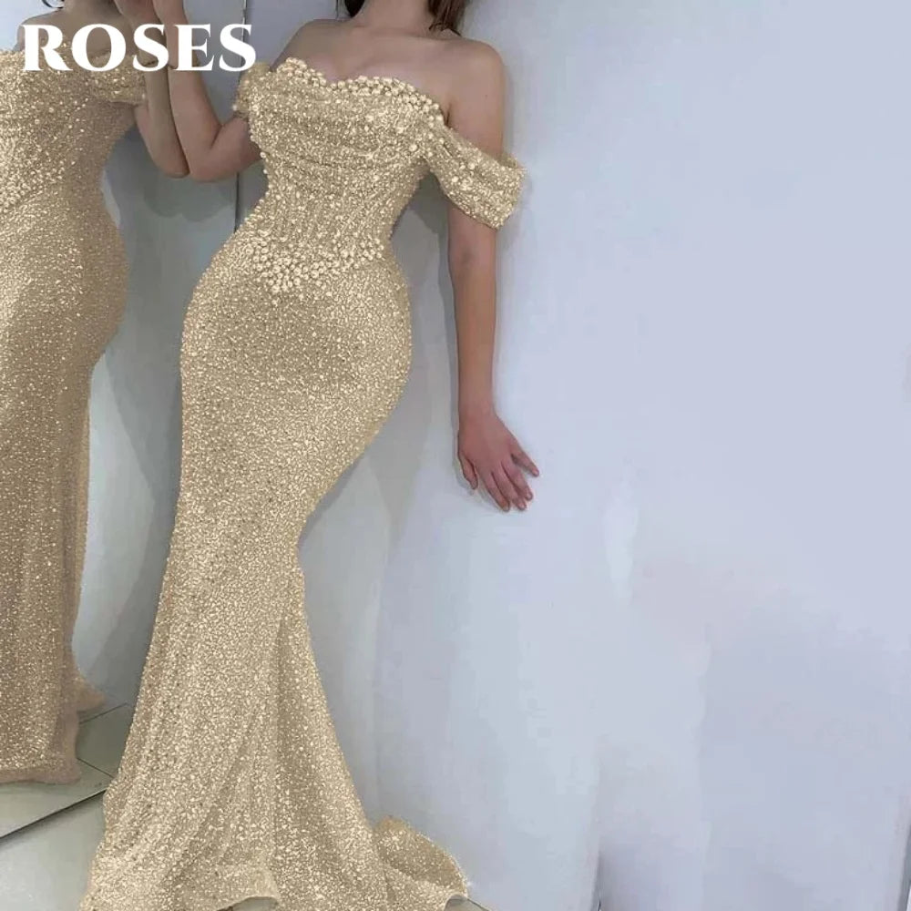 ROSES Pearl Gorgeous Prom Dress Sweetheart Off the Shoulder Hollow Prom Gown with Fishbone Shiny Sequins Formal Gown Customized - Matrix-studios.com