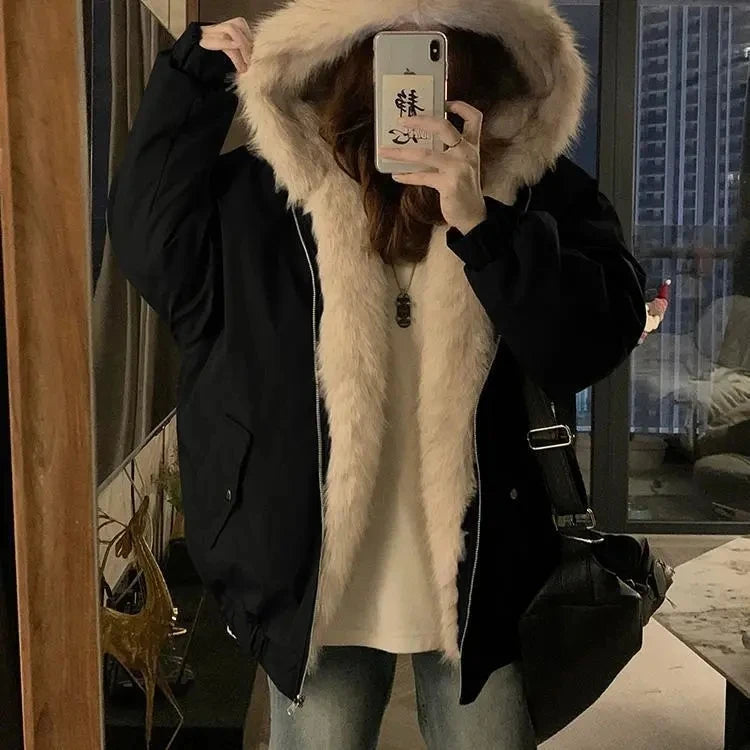 Double-Sided Warm Fur Coat Women Autumn Winter Loose Thicken Plush Cotton Coat 2025 New Women Hooded Imitation Mink Fur Outwear - Matrix Studios