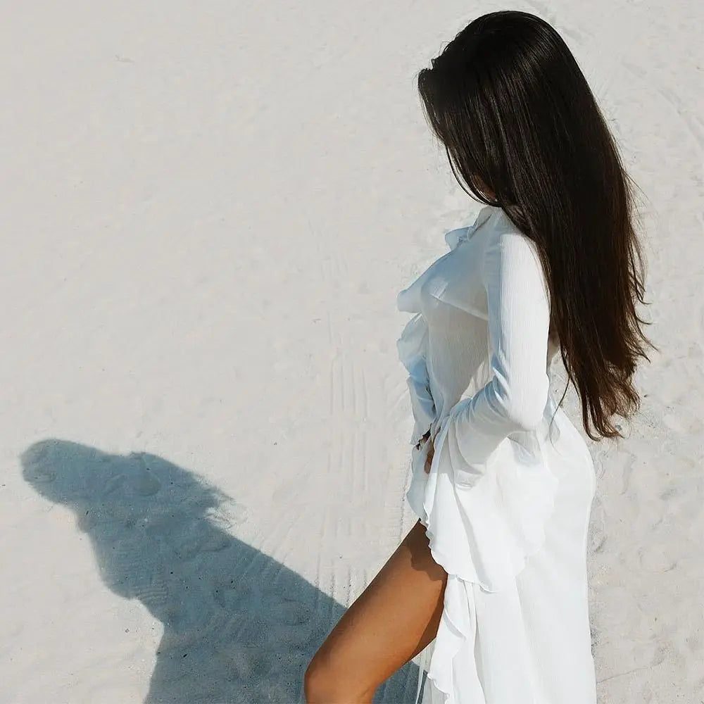 Fashion V Neck Summer Beach Cover Up Ruffled Long Sleeve Beach Dress Bathing Suit Loose Bikini Sunscreen Smock for Women - Matrix Studios