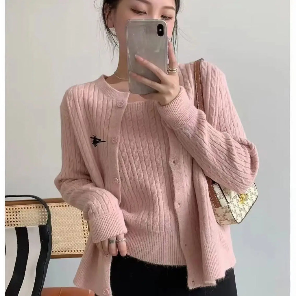 Knitted Cardigan Two-piece Set Spring and Autumn Thickened Sweater Suspender Top Sweater Vest Student Coat White Cardigan Pink - Matrix Studios
