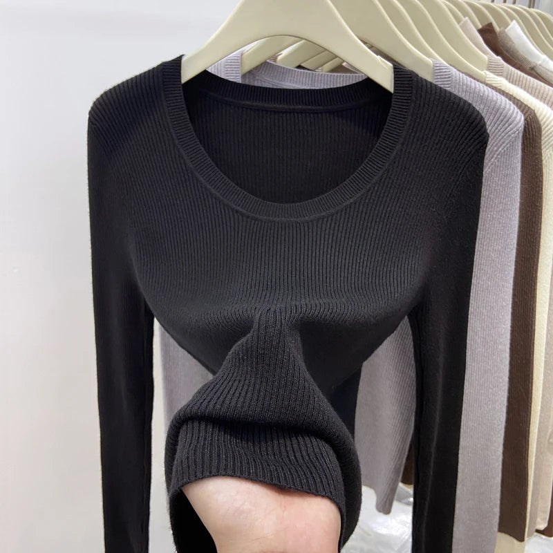 Zjaiss Solid Color O-neck Knitted Pullovers 2026 Women's Autumn Winter New Slim Fit Sweater Soft Warm Simple Base Layer Top - Matrix Studios