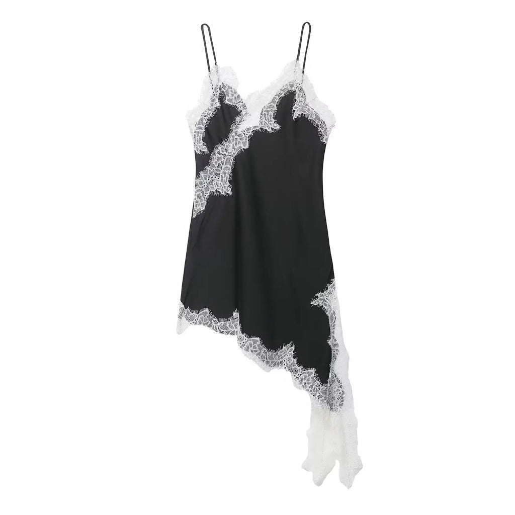 Satin Sexy Lace Spliced Short Sling Dress Women Sleeveless Backless Asymmetric Sexy Party Dresses 2026 Summer Lady Dress ﻿ - Matrix-studios.com