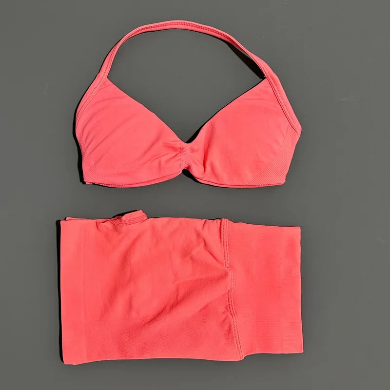 HISTELLO Gym Set 2 Piece Women Strappy Yoga Bra Top Workout Scrunch Shorts Sports Suit Fitness Clothes Seamless Yoga Set - Matrix-studios.com