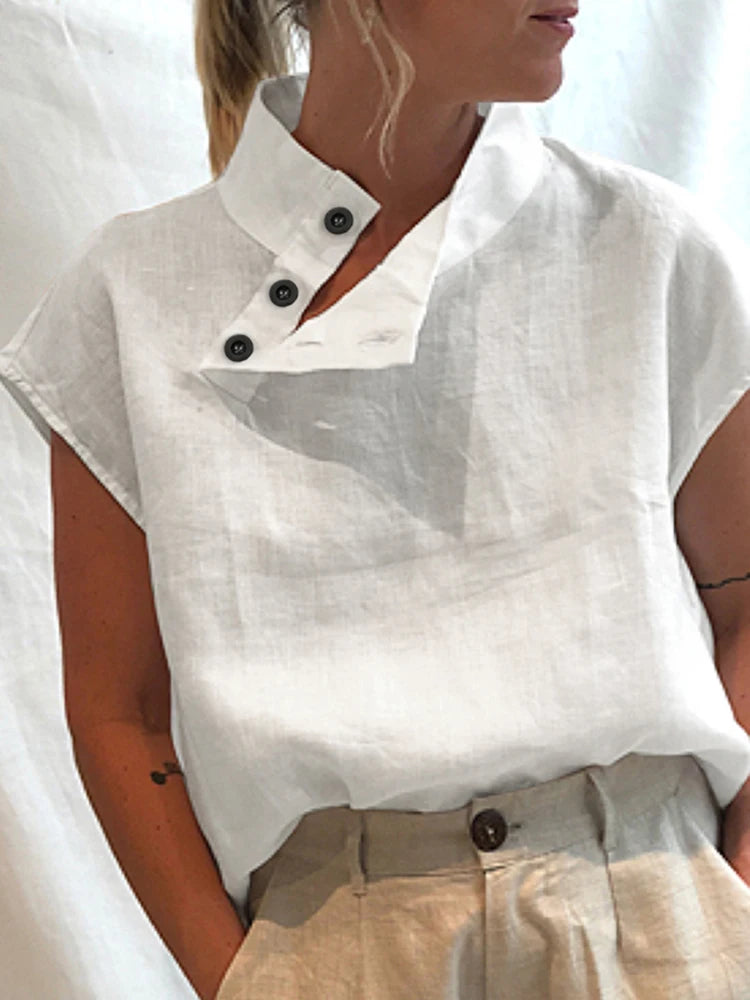 ZANZEA Fashion Women Blouses 2024 Summer Cotton Linen Blusas Mujer Stylish White Shirt Elegant Short Sleeve Tunics Lightweight - Matrix-studios.com