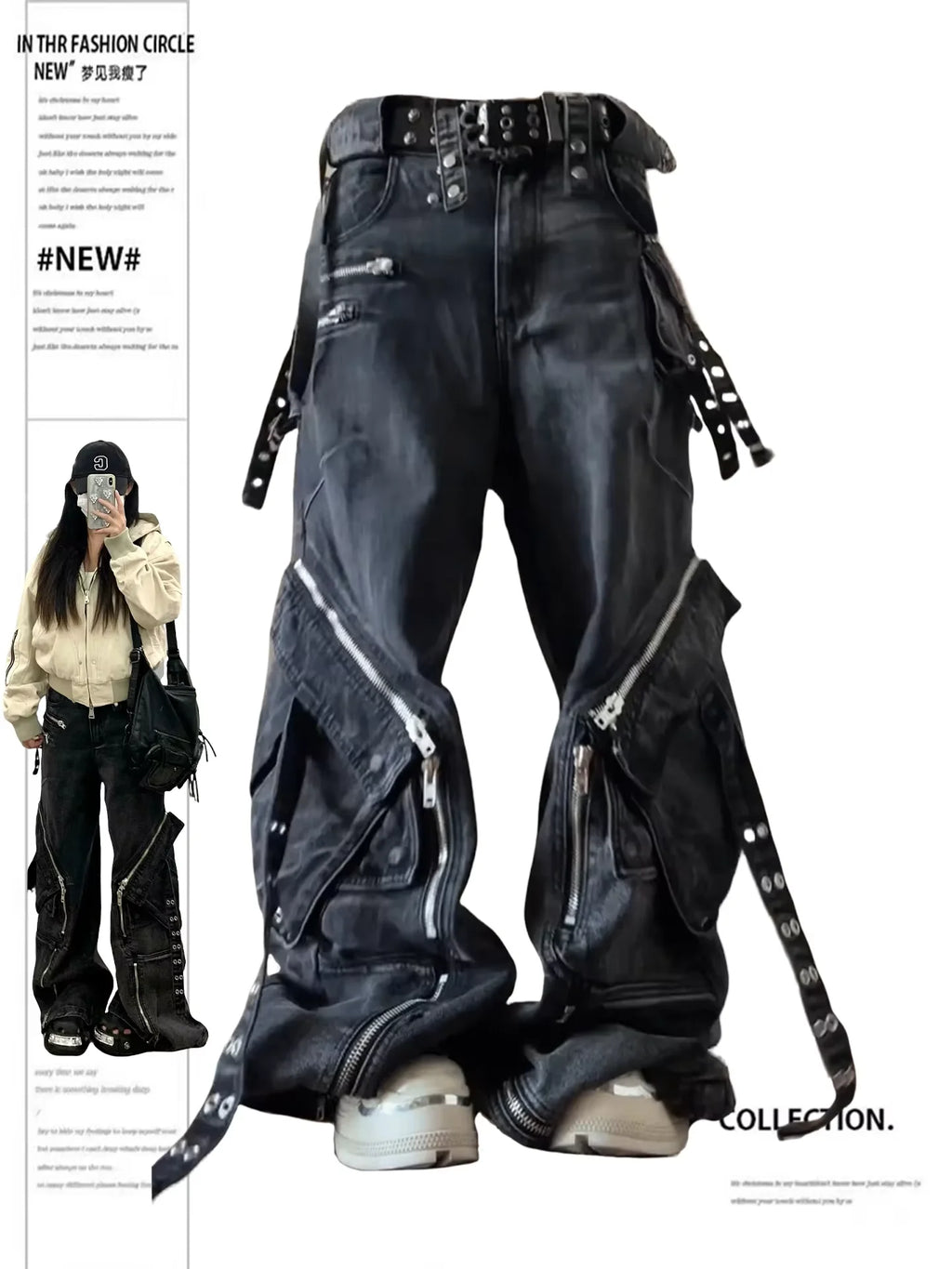 Black Gothic Punk Multi-Pocket Zipper Black Jeans Men And Women Y2K American Baggy Fashion Vintage Casual Loose Wide-Leg Jeans - Matrix-studios.com