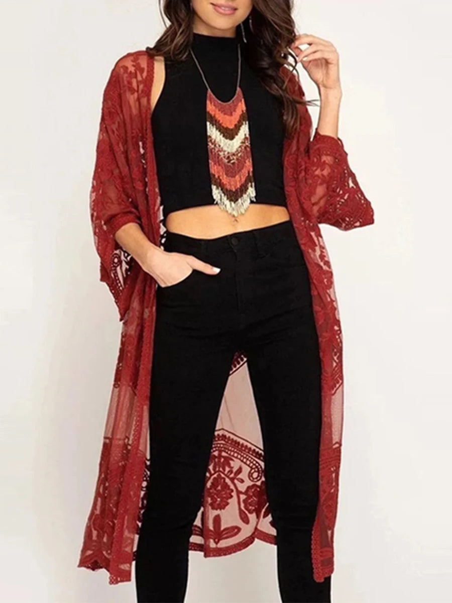 Women Beachwear Cardigan Solid Color 3/4 Sleeve See-Through Embroidery Flower Beach Dress For Women Summer Holiday Cover-Up - Matrix Studios