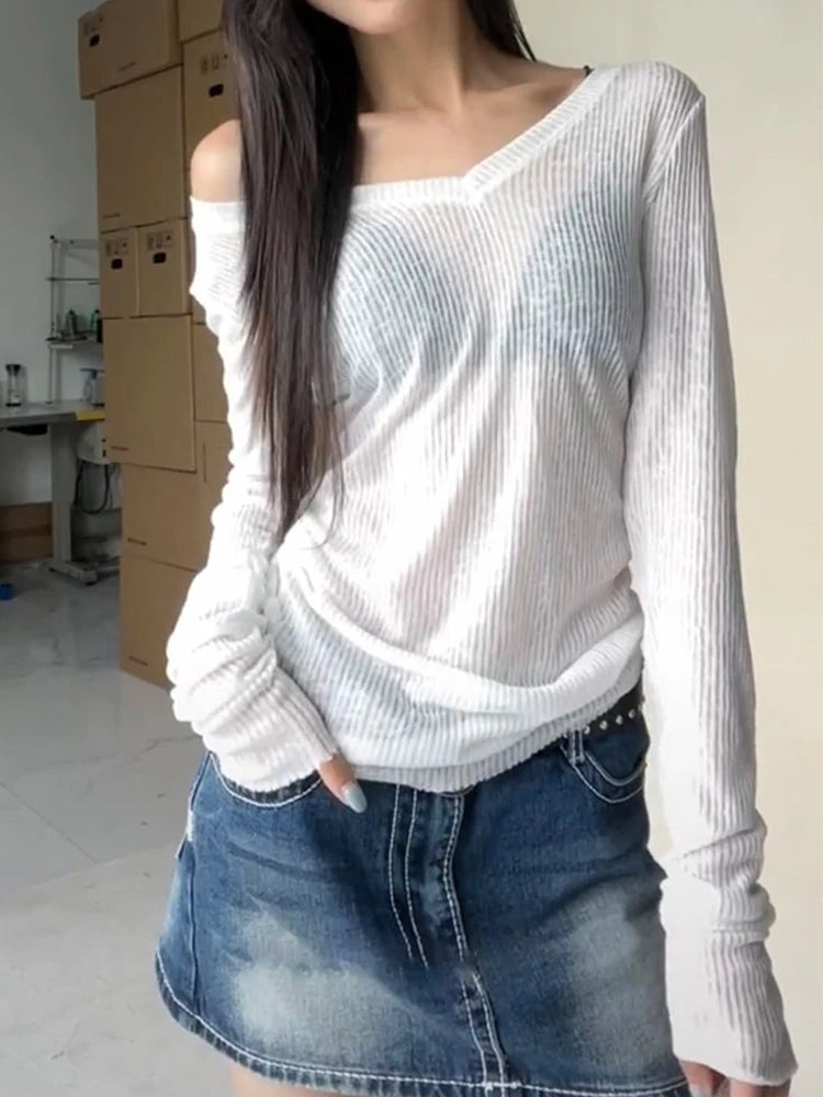 Women Long Sleeve T Shirt Thin Perspective Summer Solid Slim Casual Shirts Female Pullovers Basic Tee Y2k Clothes Streetwear Top - Matrix-studios.com