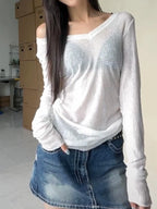Women Long Sleeve T Shirt Thin Perspective Summer Solid Slim Casual Shirts Female Pullovers Basic Tee Y2k Clothes Streetwear Top - Matrix-studios.com