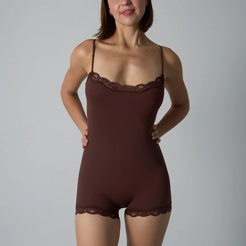 Hot Women Sexy Lace Patchwork Bodysuit Sports FitnessSkinny Shaperwear Camisole Square Neck Spaghetti Strap Slimming Bodycon - Matrix-studios.com