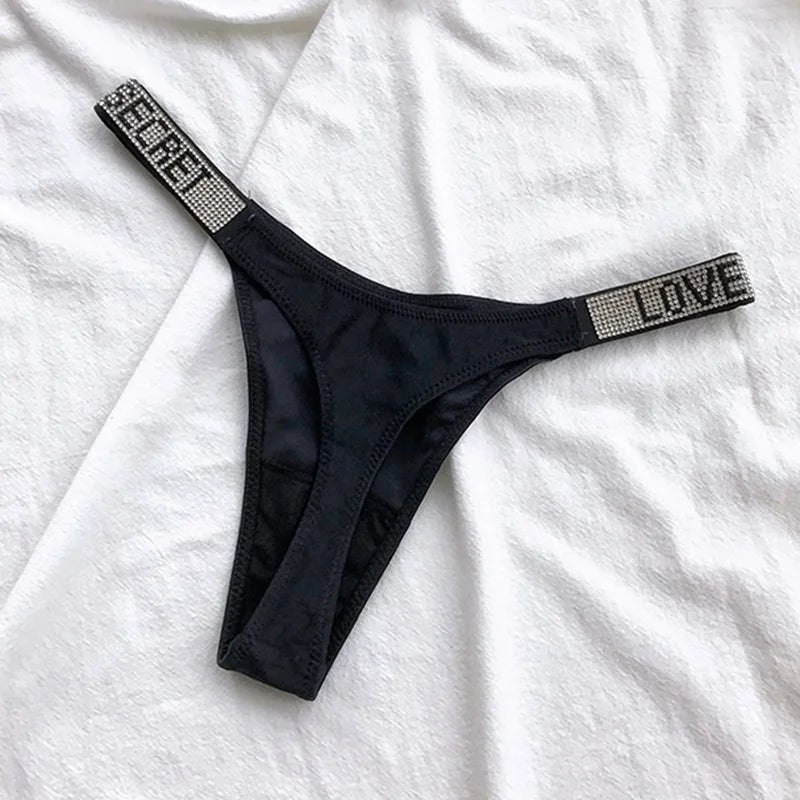 Low Waist Sexy Women Thongs Panties Rhinestones letter Diamonds G String Sports Thong Shorts Briefs T-back Fitness Size S-XL - Matrix Studios