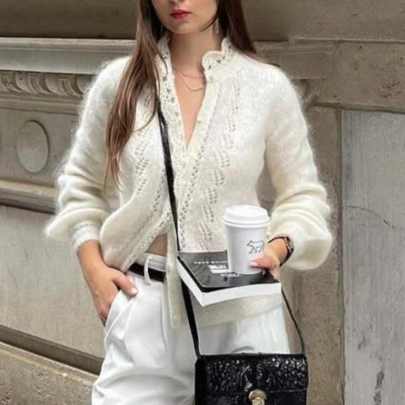 Women's White Cardigan Fashion Hollow Lace Patchwork Loose Sweaters Elegant New Office Basic Autumn Female Cardigan - Matrix Studios