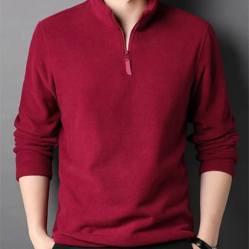 Autumn Winter New Warm Polo Shirts Men's Lamb Wool Sweatshirt Standing Neck Half Zip Long Sleeve Fashion Versatile Men Tees Tops - Matrix Studios
