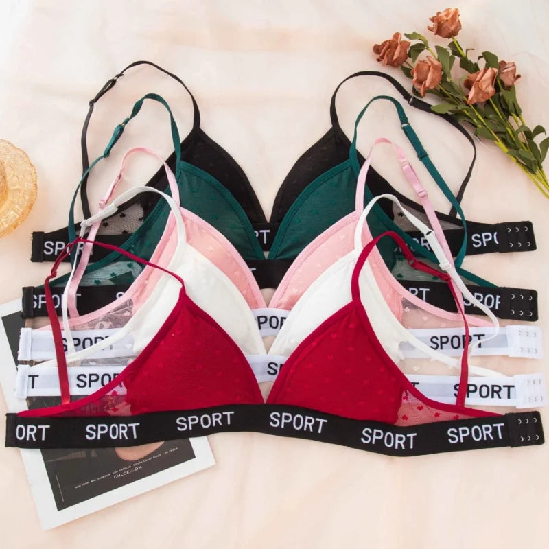 Women Lace Bra And Panties Set Sheer Polka Dot Lingerie Non-wire Bralette Sexy Low Rise Thongs Letter Band Mesh Underwear Set - Matrix-studios.com