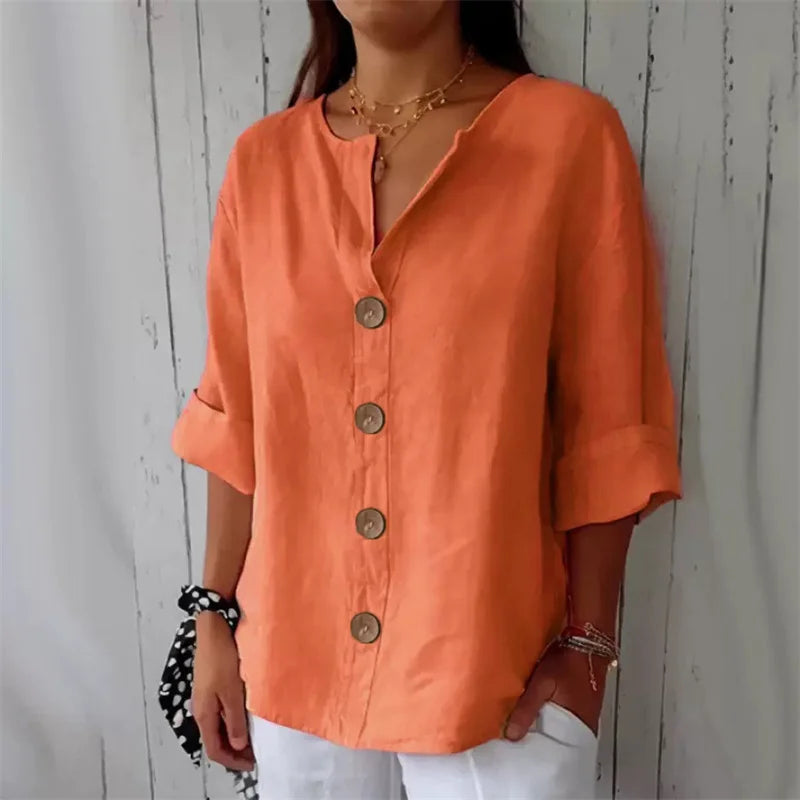 Summer Loose Shirt Women's V-Neck Cotton Linen Button Top Casual Shirts Solid Fashion Elegant Office Womens Clothing 2025 Blouse - Matrix-studios.com