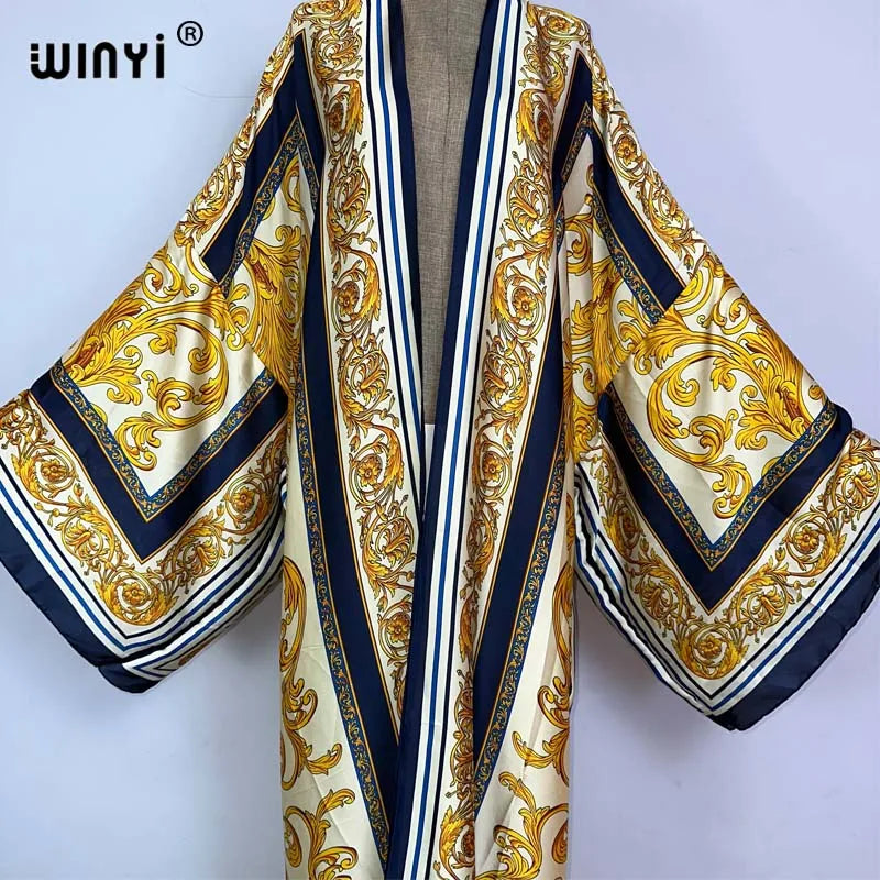 WINYI Kimono Africa Summer Boho Print Bikini Cover-up Elegant Fashion Cardigan Sexy Holiday Long Sleeve Silk Feeling Maxi Dress - Matrix Studios