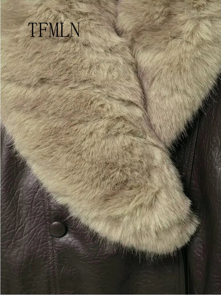 TFMLN 2025 Winter Women Loose Faux Leather Jacket Fashion Removed Big Fur Collar Causal Coat High Street Double Breasted Outwear - Matrix Studios