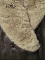 TFMLN 2025 Winter Women Loose Faux Leather Jacket Fashion Removed Big Fur Collar Causal Coat High Street Double Breasted Outwear - Matrix Studios