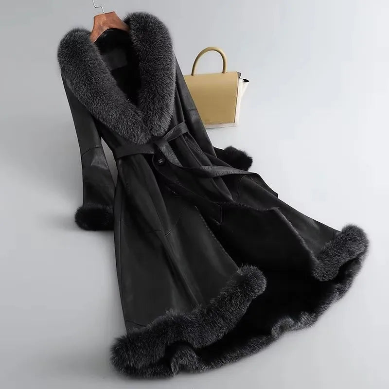 2023 Winter New Rabbit Fur Integrated Women's Coat Long  Genuine Leather Fur Fox Fur Collar Slim Fit Coat - Matrix Studios