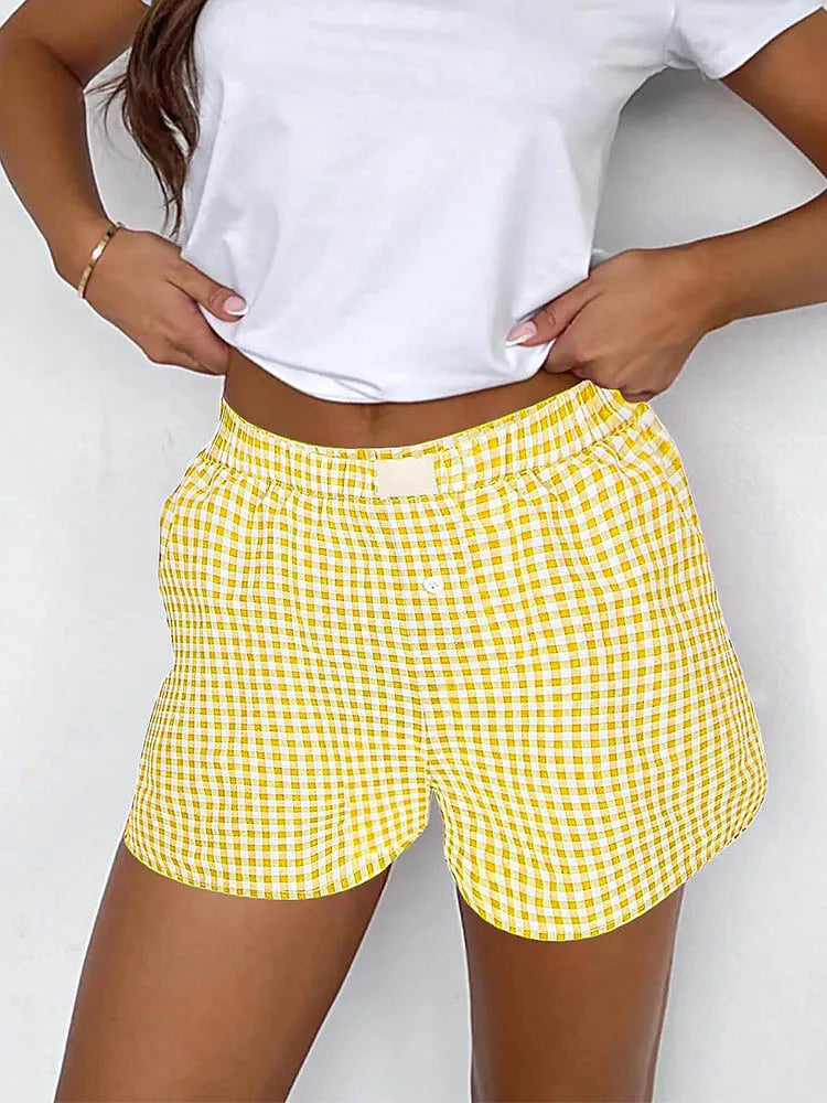 Shorts for Women Teen-girls Elastic Waistband Pull-on Red Blue Plaid Shorts Outfit Casual Lounge Summer Shorts - Matrix Studios