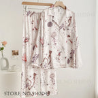Fashion Print Flower 2PCS Pajamas Set Women Sleepwear Spring Summer Trouser Suits Lounge Wear Loose Satin Homewear Pijamas Suit - Matrix-studios.com
