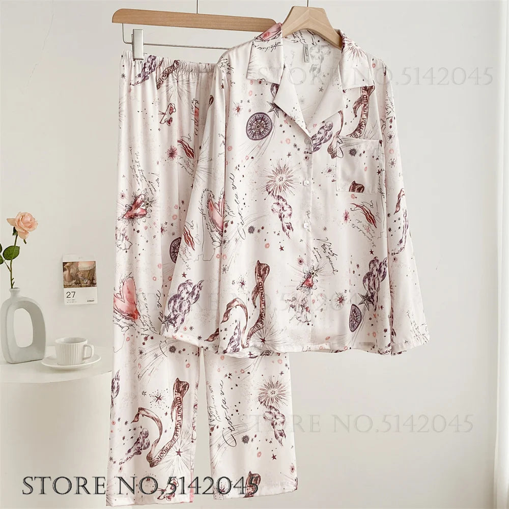 Fashion Print Flower 2PCS Pajamas Set Women Sleepwear Spring Summer Trouser Suits Lounge Wear Loose Satin Homewear Pijamas Suit - Matrix-studios.com