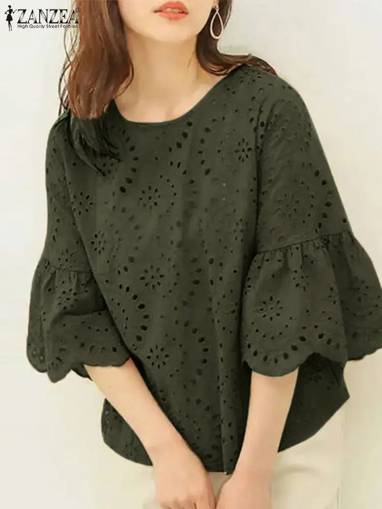 ZANZEA Fashion Summer 3/4 Sleeve Hollow Out Blouse Women Elegant Lace Crochet Tops Casual Loose Embroidery Shirt Work Blusas - Matrix-studios.com