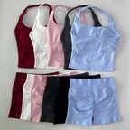 No Logo 2 Pieces Sports Set Women Backless Tank Tops High Waist Scrunch Seamless Shorts Gym Set Sportswear Workout Set Yoga - Matrix-studios.com