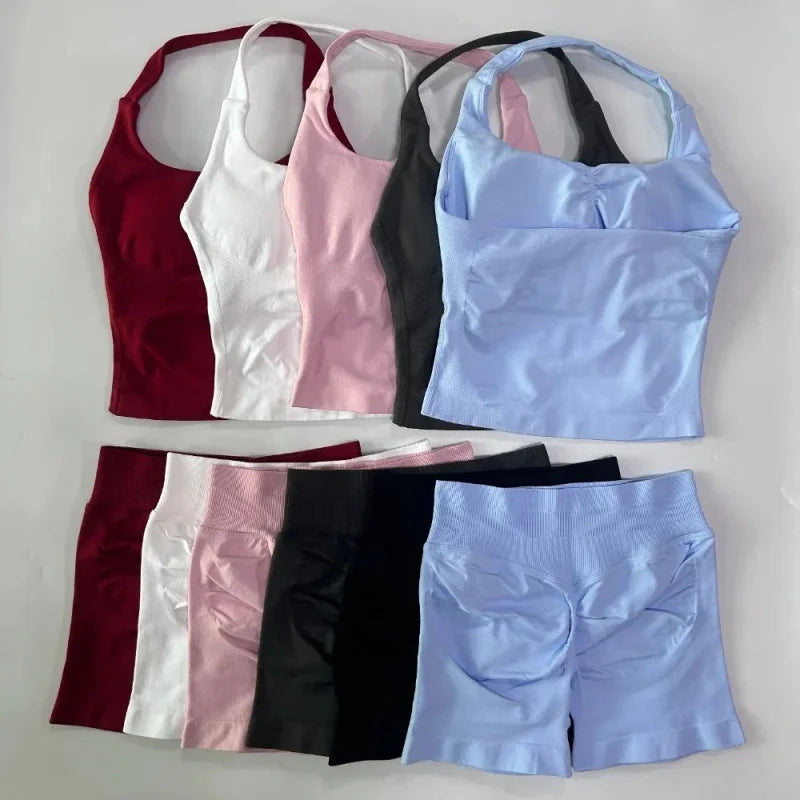 No Logo 2 Pieces Sports Set Women Backless Tank Tops High Waist Scrunch Seamless Shorts Gym Set Sportswear Workout Set Yoga - Matrix-studios.com