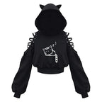 Y2k Gothic Womens Hoodie Cat Ear Crop Top Hooded Sweatshirt Hollow Out Lace Up Long Sleeve Hodded Casual Pullover Autumn - Matrix Studios