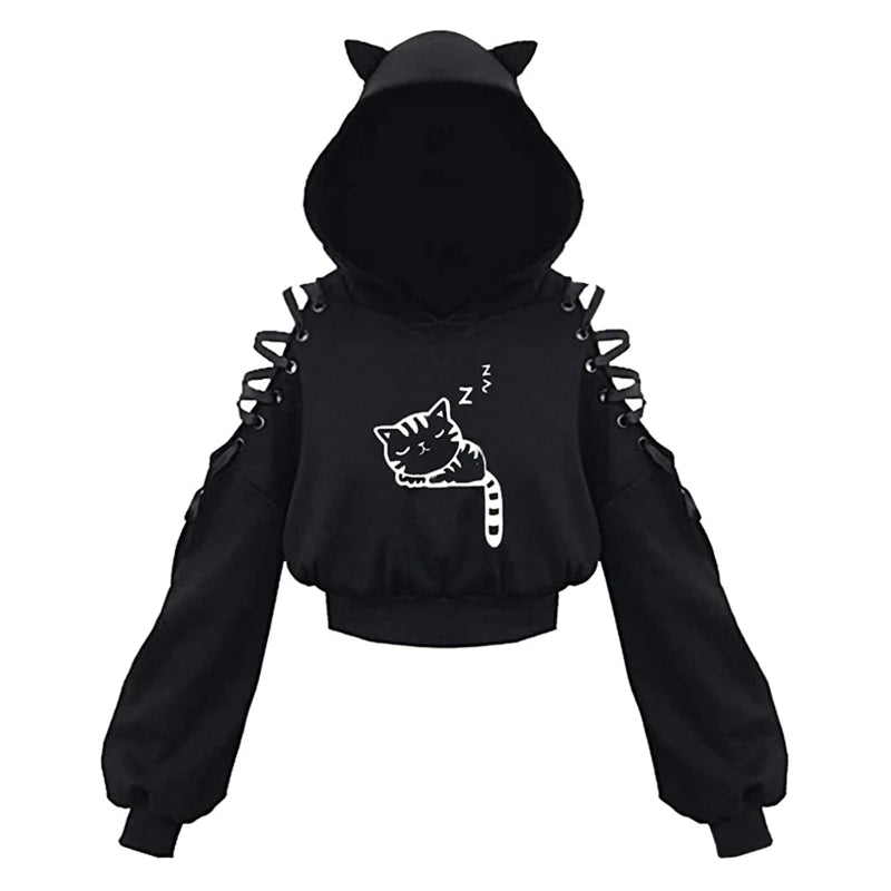 Y2k Gothic Womens Hoodie Cat Ear Crop Top Hooded Sweatshirt Hollow Out Lace Up Long Sleeve Hodded Casual Pullover Autumn - Matrix Studios