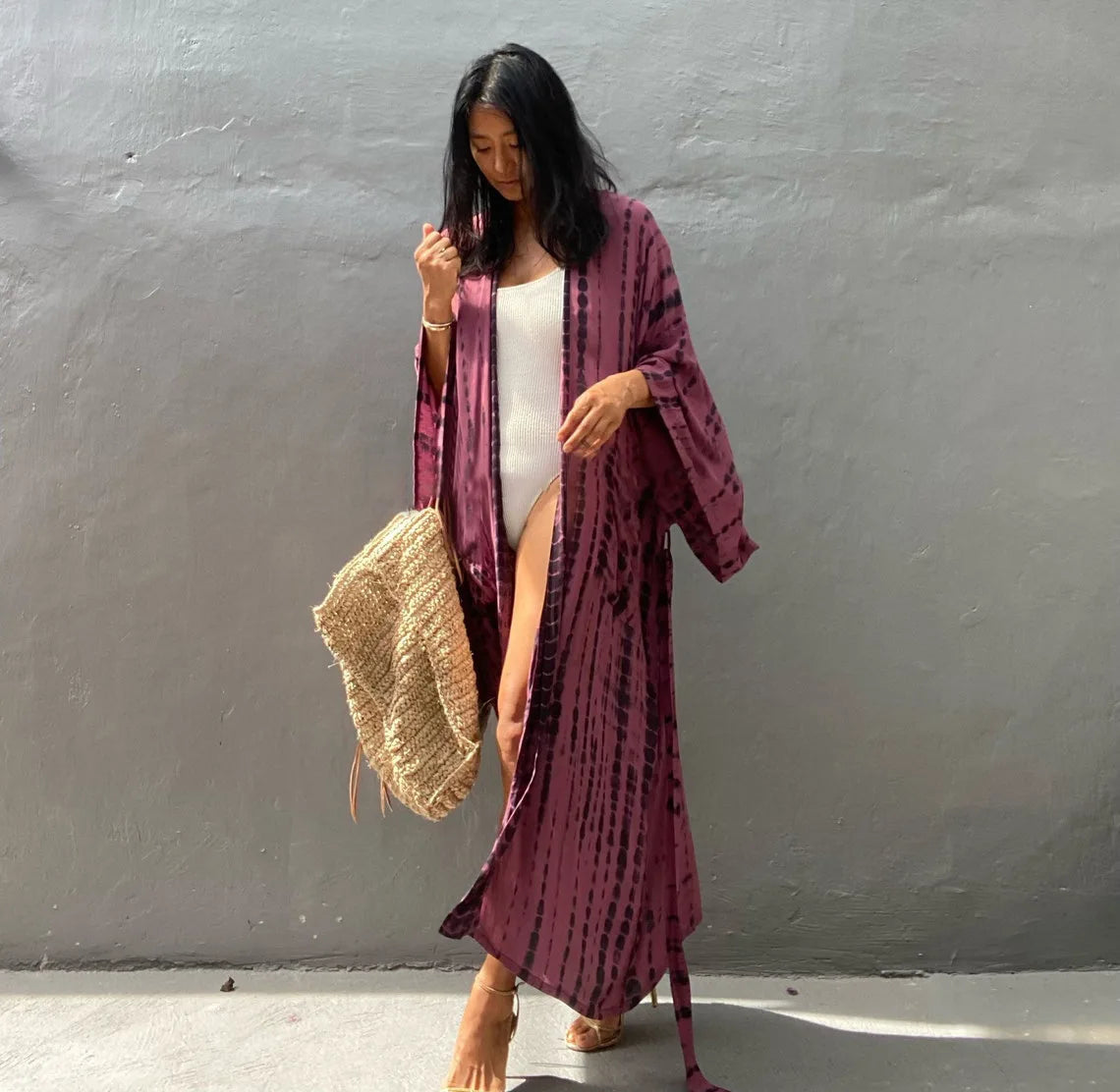 Long Kimono Swimsuit Cover up for Women Stylish Tie Dye Open Front Beach Outfits Bathing Suit - Matrix Studios