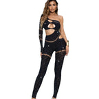 Whatiwear Rhinestones Patchwork Jumpsuit Women Sexy Hollow Skew Collar Single Sleeve Hottie Midnight Club Party Coquett Overalls - Matrix Studios