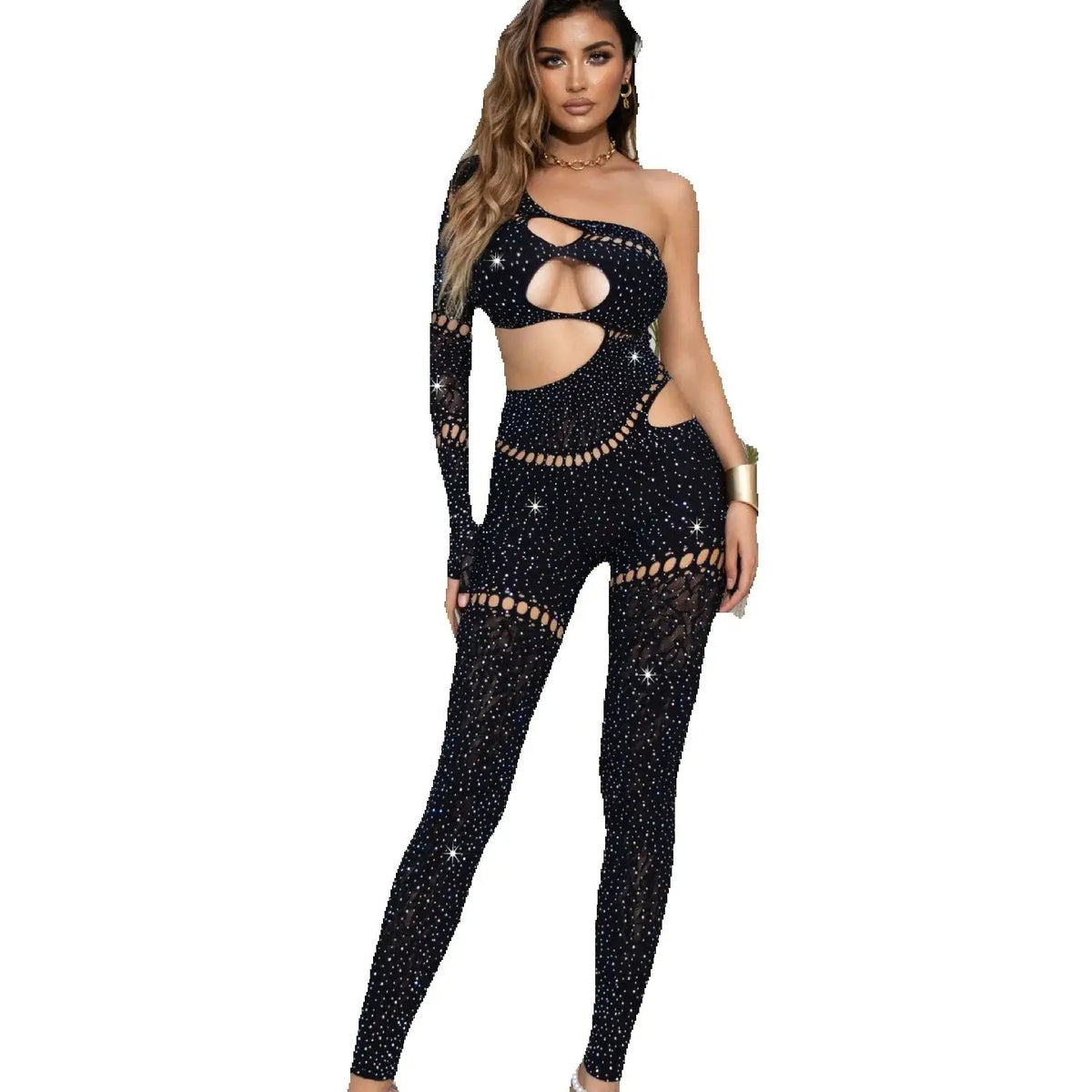 Whatiwear Rhinestones Patchwork Jumpsuit Women Sexy Hollow Skew Collar Single Sleeve Hottie Midnight Club Party Coquett Overalls - Matrix Studios