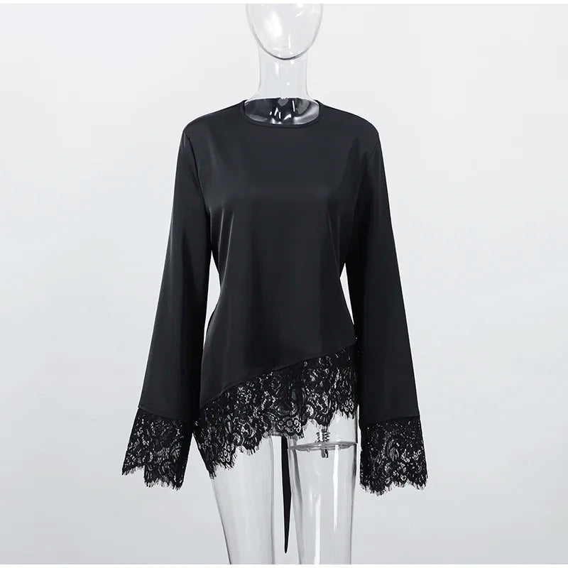 Elegant Patchwork Lace Women's Blouses Slim Lace Up O-neck Irregular Hem Female Top 2026 Spring Summer Lady All-matching Tops - Matrix-studios.com