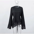 Elegant Patchwork Lace Women's Blouses Slim Lace Up O-neck Irregular Hem Female Top 2026 Spring Summer Lady All-matching Tops - Matrix-studios.com