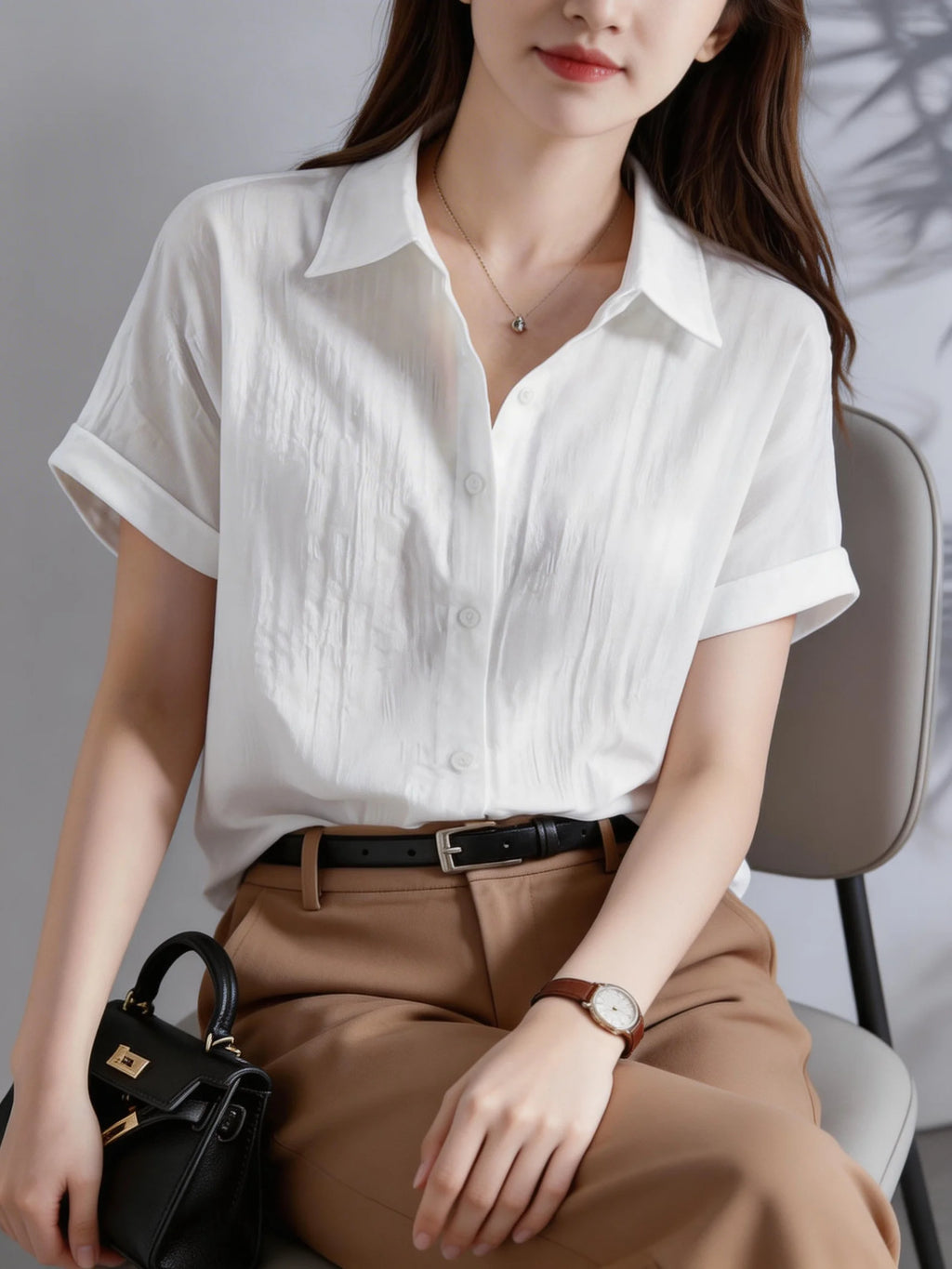 Women's Casual White Blouse, Short Sleeve V-Neck Shirt, Business Office Workwear, Breathable Textured Blouse - Matrix-studios.com