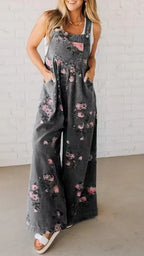 Denim Floral Print Trendy Sleeveless Jumpsuits for Women Rompers Festival Outfit Loose Overalls Pleated Pockets Long Pants - Matrix Studios