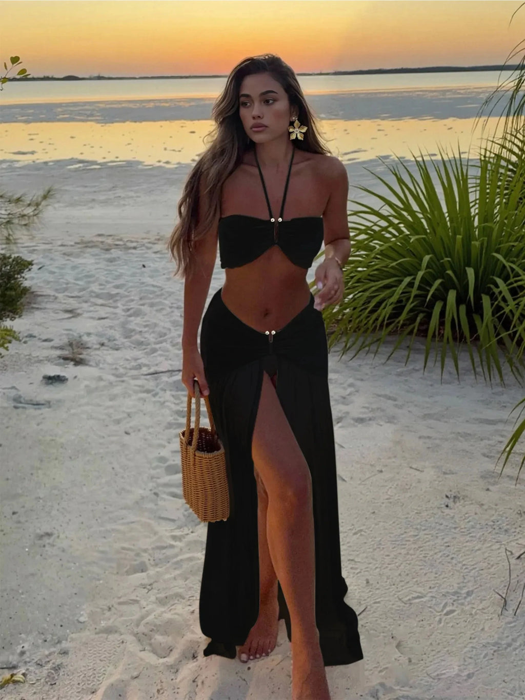 Neck 3 Piece Bikini Set with Sheer Split Maxi Skirt Sexy White Summer Beach Dress Vacations Outfits Pool Party Wear - Matrix Studios