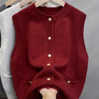 Knitted Sweater Vest Women Gold Buckle O-Neck Sleeveless Chic Red Knit Pullovers Soft Elegant Sweater Fall Winter Vests Clothing - Matrix Studios