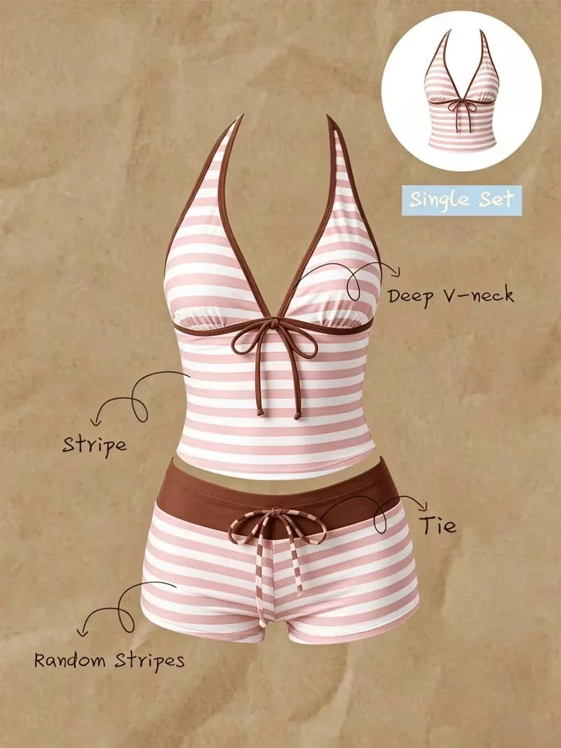 Kawaii Pink Dot Bikini Shorts Bowknot Halter Backless Swimsuit Deep V Swimwear Women's Bikinis and Tankinis Vacation Outfit Sets - Matrix-studios.com