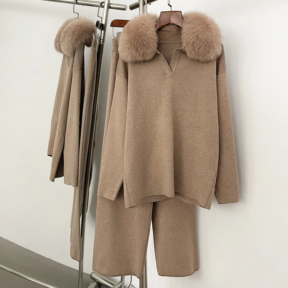 Reality Fur Jacket Pullover Set Woman Spring Knitted Suit Knitwear Female Real Fox Fur Collar Sweater Lady Autumn Knitted New - Matrix Studios
