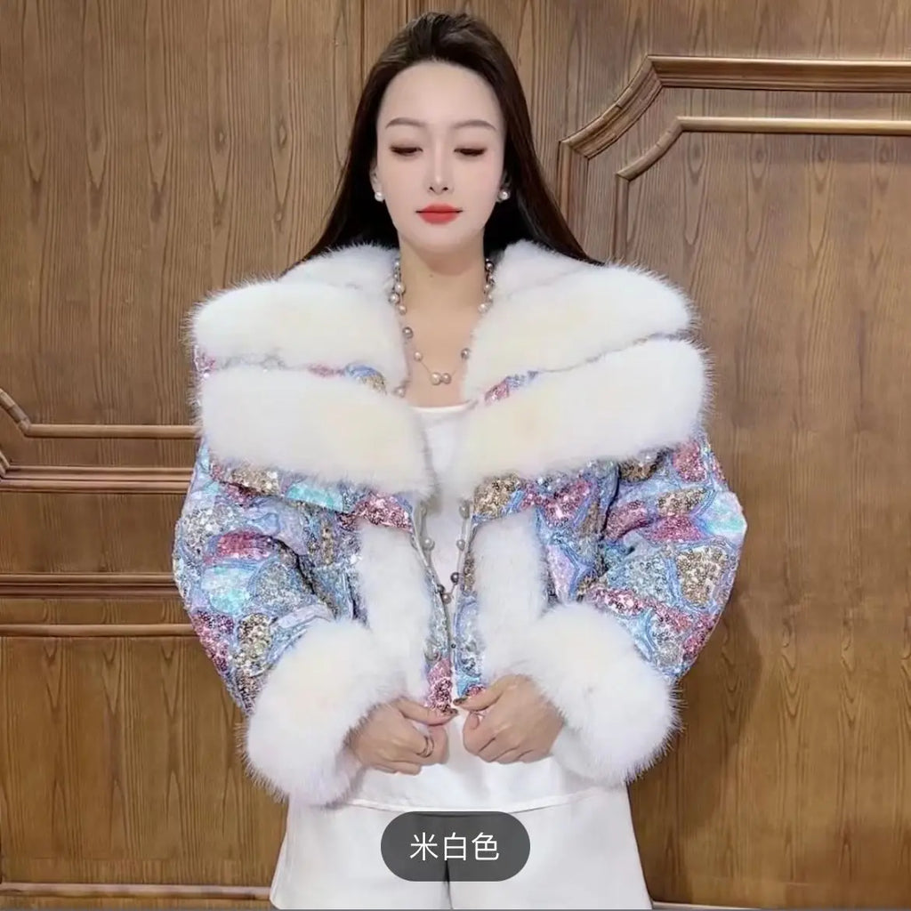 Outcoat The New Fur Cotton-padded Jacket Features Heavy Sequins Outerwear Sweet Faux Leather and A Stylish Thickened Fur Coat - Matrix Studios
