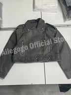 Ailegogo Women Vintage Loose Washed Faux Leather Short Jacket Streetwear Female Zipper Belt Moto Biker Retro Coat Outwear Tops - Matrix Studios