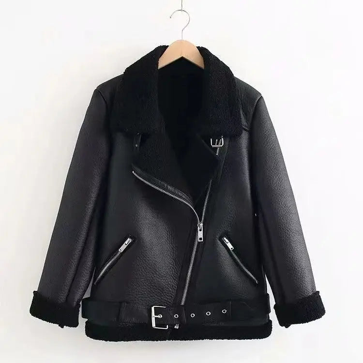 Winter Women Thick PU Leather Warm Suede Lamb Jacket Motorcycle Coats Faux Shearling Biker Sheepskin Leather Jackets Outwear - Matrix Studios