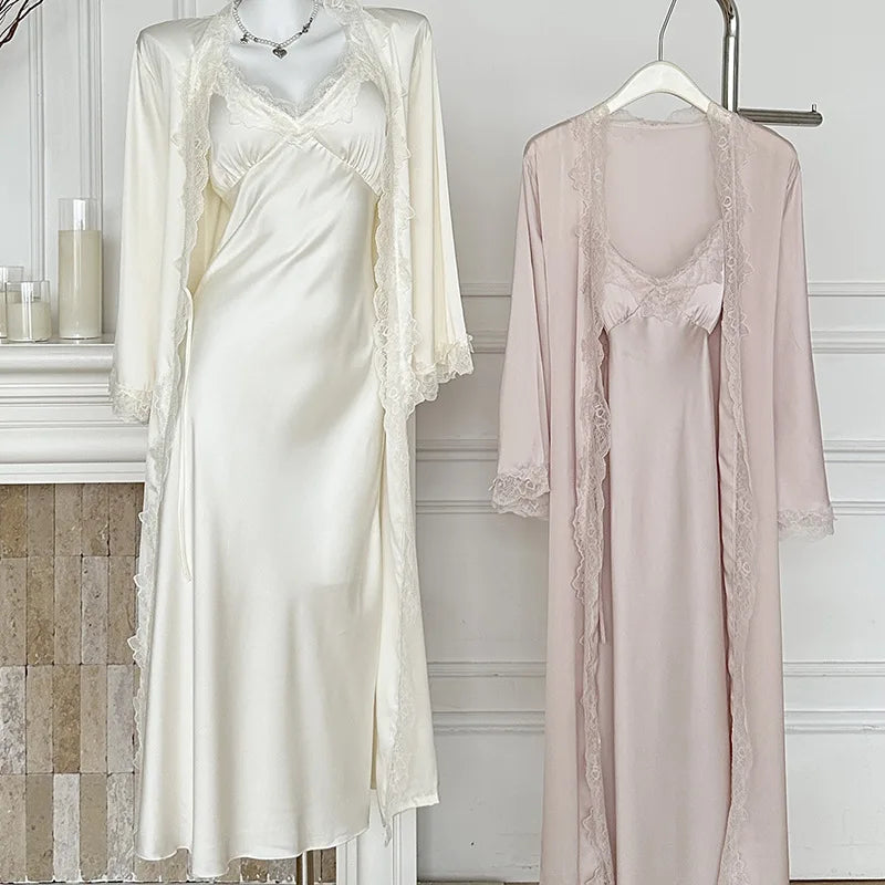 New Female Long Robe Nightgown Set Sexy Lace Trim Sleepwear Suspender Nightdress Spring Summer Casual Satin Home Dress Bathrobe - Matrix-studios.com